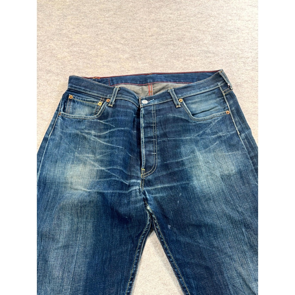Levis 501 Jeans Mens 36x32 Blue Whiskered Denim Straight Leg Dark Wash Logo - Picture 6 of 15